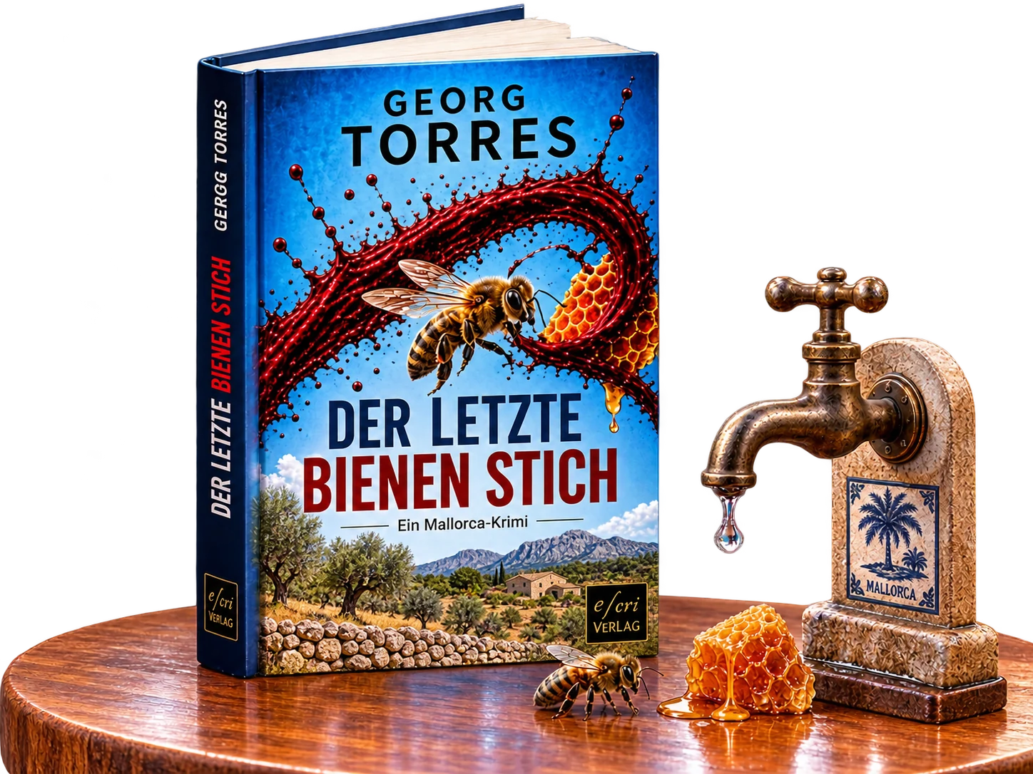 Der letzte Bienen Stich mit Trockenmauer und mallorquinischer Landschaft auf dem Cover, Bienen, Honig und Wasserhahn
