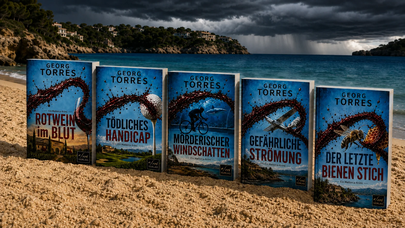 Fünf Mallorca-Krimis von Georg Torres am Strand vor einem aufziehenden Gewitter