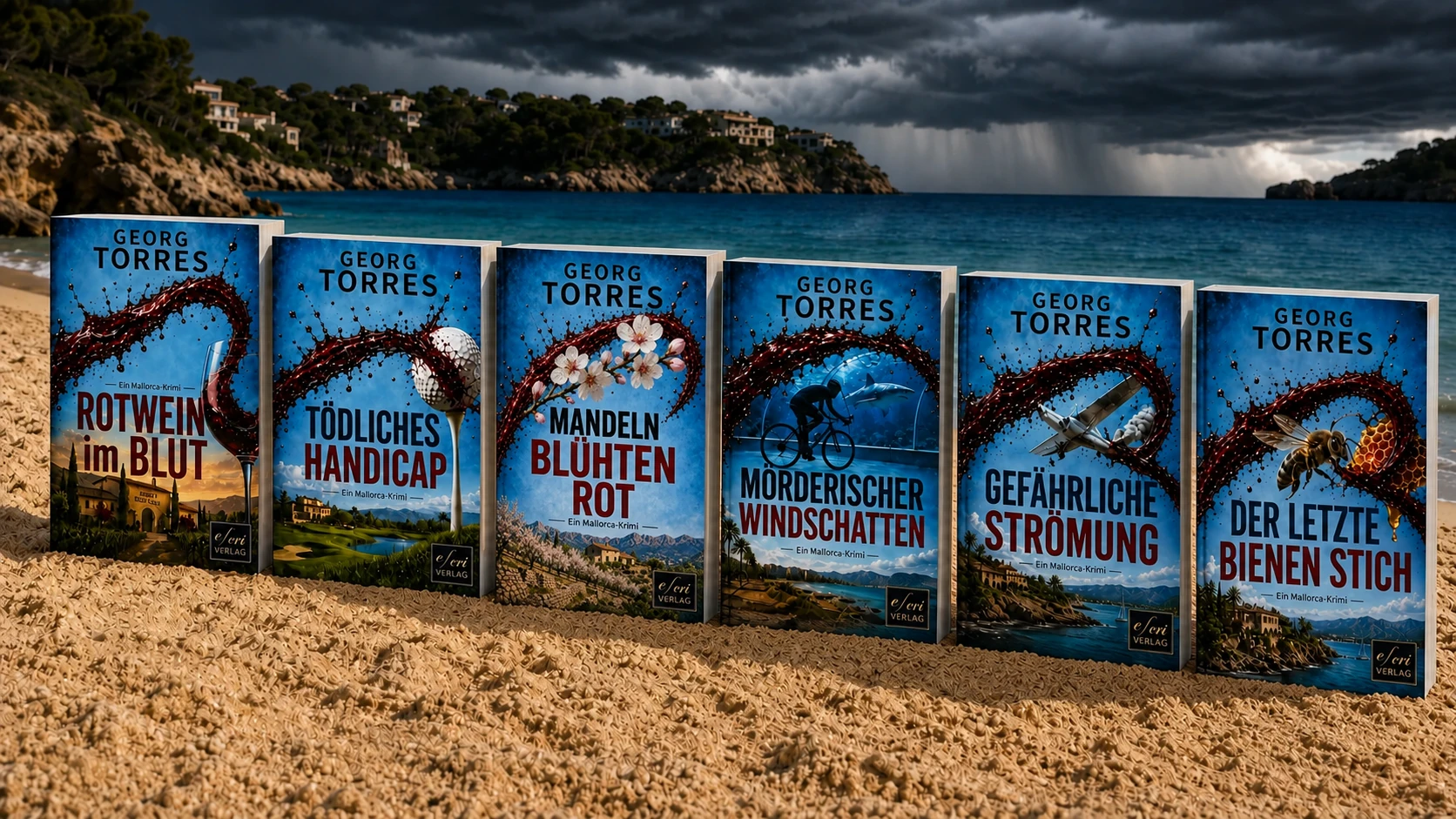 Sechs Mallorca-Krimis von Georg Torres am Strand vor einem aufziehenden Gewitter