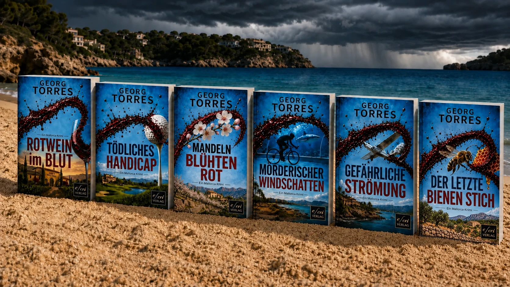 Sechs Mallorca-Krimis von Georg Torres am Strand vor einem aufziehenden Gewitter