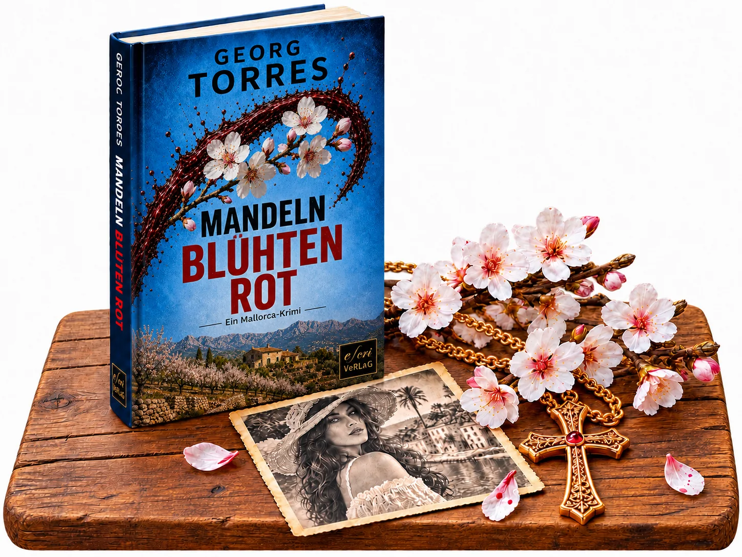 Mandeln blühten rot mit Mandelblüten und einer alten Familienfotografie