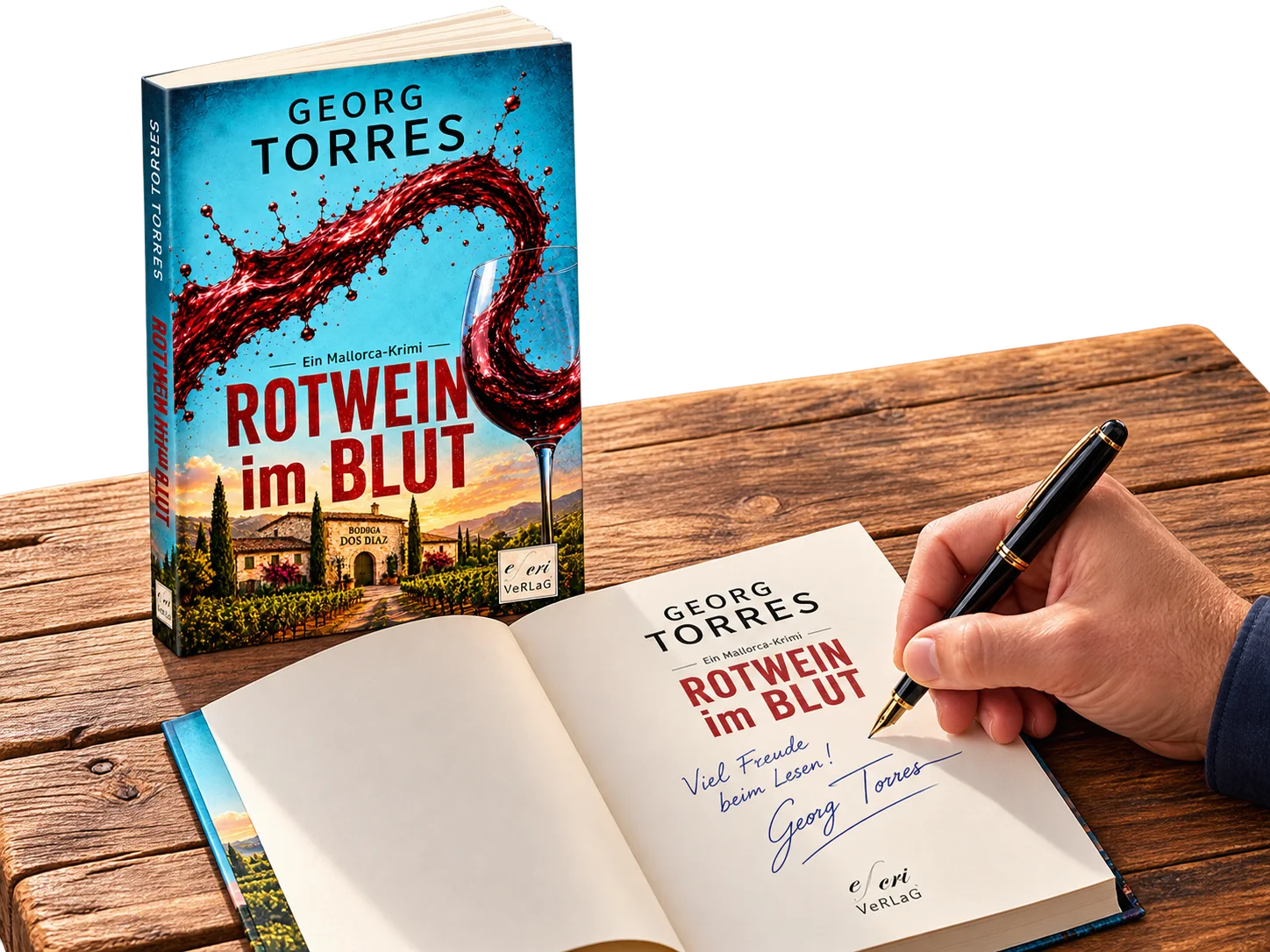 Georg Torres signiert ein Exemplar von Rotwein im Blut