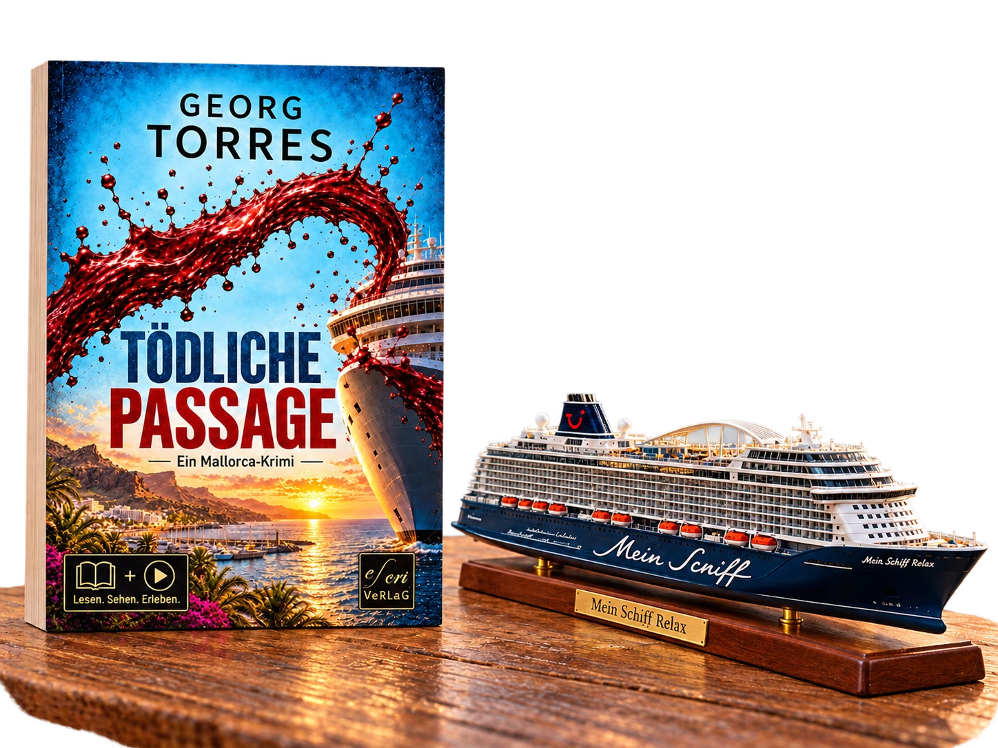 Tödliche Passage von Georg Torres als aufgestelltes Buch auf einem Holztisch, daneben ein Modell der Mein Schiff Relax